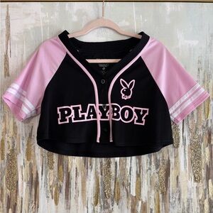 PLAYBOY Black and Pink Button-Up Crop Top
